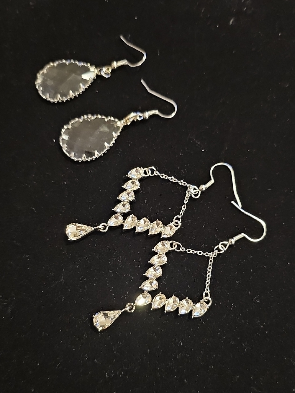 2 Pair Of Crystal Drop Dangle Earrings - Silver Tone. Chandelier Prong Set Stone